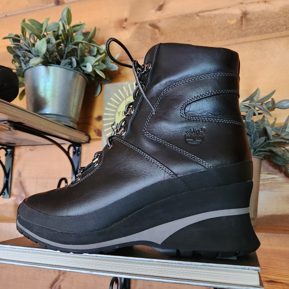 TIMBERLAND 89395 Black Leather Wedge Heel Lace Up Ankle Boots Moto Shoe Sz 8.5 M - Picture 2 of 11